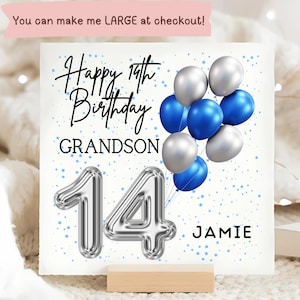 Carte de ballon de 14e anniversaire de petit-fils, carte personnalisée de garçon de 14 ans, carte de petit-fils a 14 ans, carte de ballon bleu aluminium, 14e anniversaire