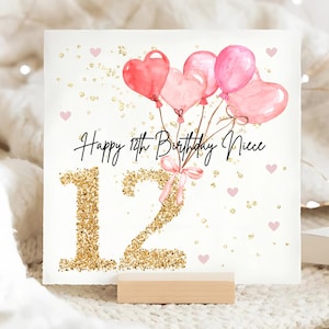 Carte d'anniversaire ballon rose 12e nièce, carte d'anniversaire 12 nièce personnalisée, douzième carte rose nièce, carte Nièce a douze ans
