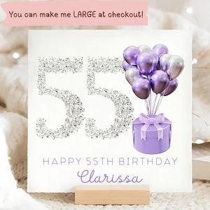 Personalised 55th Birthday Silver Glitter Card, Female 55th Birthday Card, Woman Purple Fifty-Fifth Birthday Card, She Is Fifty-Five Card