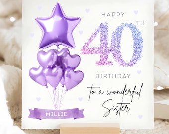 Sister 40th Purple Birthday Card, Personalised Sister 40th Card, Sister Is Forty Card, Sister Fortieth Card, Fab at Forty Sister Female