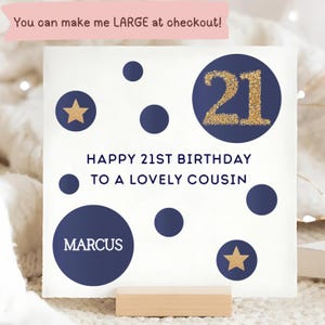 Cousin 21st Blue & Gold Birthday Card, Personalised Cousin 21 Birthday Card, Cousin Twenty-First Birthday Card, Male Cousin Is 21 Gift