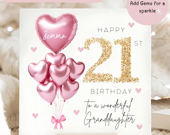 Granddaughter 21st Birthday Personalised Card, Pink Gold Balloon Card, Granddaughter is 21, Twenty-First Birthday Gift, Granddaughter 21st