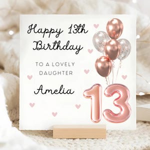 Carte d'anniversaire personnalisée fille 13e anniversaire, carte ballon de 13e anniversaire en or rose, carte fille adolescente, officiellement une carte d'adolescent
