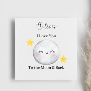 Je t'aime « Jusqu'à la lune et le dos », carte personnalisée, carte d'amour, carte étoiles et lune, carte d'un être cher, carte d'anniversaire, fils, fille