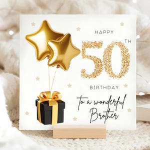 Carte d'anniversaire 50e frère noir et or, carte 50e anniversaire frère, cinquantième anniversaire frère, frère fête ses 50 ans, ballon feuille d'or