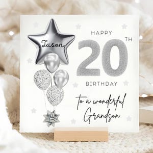 Carte personnalisée de 20e anniversaire de petit-fils, carte ballon gris argenté, petit-fils a 20 ans, cadeau de ses 20 ans, cadeau de petit-fils 20