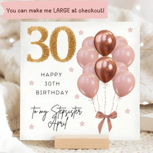 Stepsister 30th Birthday Pink Brown & Gold Balloon Card, Personalised Stepsister Thirtieth Birthday Card, Stepsister Is 30 Card, Sister 30th