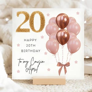 Cousin 20th Birthday Pink Brown & Gold Balloon Card, Personalised Cousin Twentieth Birthday Card, Cousin Is 20 Card, Female Cousin Card
