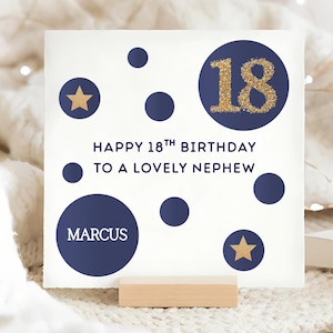 Tarjeta de cumpleaños azul y dorada para sobrino número 18, tarjeta personalizada para sobrino de 18 años, tarjeta para sobrino de 18 años, regalo para sobrino de 18 años