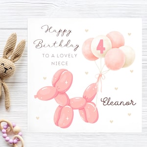 Carte 4e anniversaire nièce chien ballon, carte 4e nièce personnalisée, joli cadeau nièce, quatrième carte nièce fille, nièce bambin 4e anniversaire