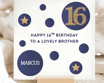 Brother 16th Blue & Gold Birthday Card, Personalised Brother 16 Birthday Card, Brother Sixteenth Birthday Card, Brother Is 16 Gift