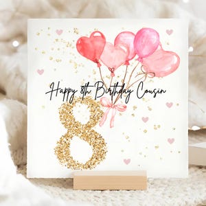 Tarjeta de cumpleaños rosa para primos de 8 años, tarjeta personalizada para primos de 8 años, tarjeta rosa para primos de 8 años, regalo para primos de 8 años, cumpleaños de primos
