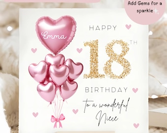 Niece 18th Birthday Personalised Card, Pink Gold Balloon Card, Niece is 18, Eighteenth Birthday Gift, Sister Female 18th Birthday