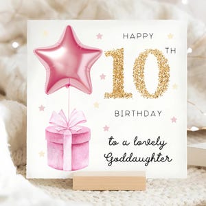 Carte de 10e anniversaire de ma filleule, carte rose ballon étoile, filleule a 10 ans, carte d'anniversaire de dixième filleule, filleule a dix ans