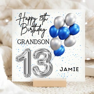 Carte de ballon pour son 13e anniversaire de petit-fils, carte personnalisée de garçon de 13 ans, carte de petit-fils fête ses 13 ans, carte de ballon bleu aluminium, carte d'adolescent