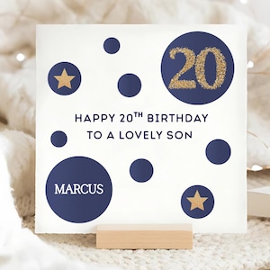 Carte d'anniversaire bleu et or pour fils 20 ans, carte d'anniversaire fils 20 ans personnalisée, carte vingtième anniversaire fils 20 ans, cadeau fils 20 ans, cadeau fils 20 ans