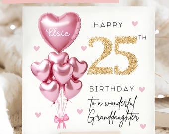 Enkelin 25. Geburtstag personalisierte Karte, Roségold-Ballonkarte, Enkelin ist 25, fünfundzwanzigstes Geburtstagsgeschenk, Enkelin 25