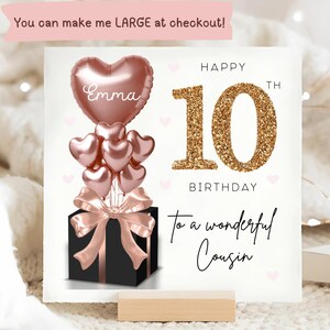 Carte personnalisée 10e anniversaire cousin, carte ballon noir or rose, cousin a 10 ans, cadeau dixième anniversaire, carte 10e anniversaire cousin
