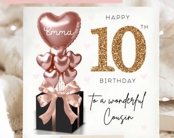 Personalised 10th Birthday Card for Cousin, Rose Gold Balloon Design