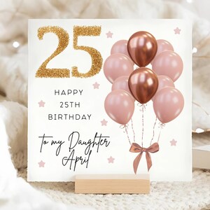 Carte de 25e anniversaire fille rose marron et ballon or, carte personnalisée de 25e anniversaire fille, carte fille a 25 ans, fille 25e