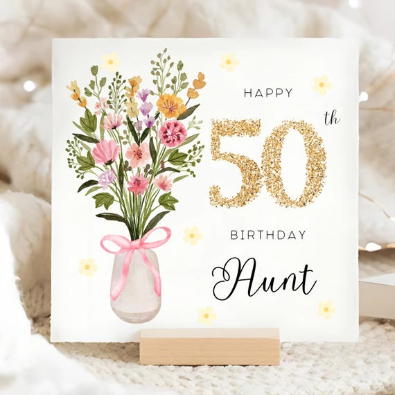 Biglietto Auguri 50° Compleanno Per Zia - Floreale Con Farfalla - Interno Vuoto, 150x150mm