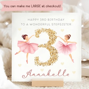 Biglietto personalizzato per il terzo compleanno della sorellastra con ballerina, biglietto per il terzo compleanno della sorellastra, biglietto "Sorella compie 3 anni", biglietto con numero glitterato oro, rosa
