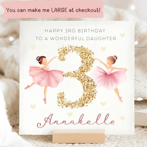 Biglietto personalizzato per il terzo compleanno della figlia con ballerina, biglietto per il terzo compleanno della figlia, biglietto per il terzo compleanno della figlia, biglietto con numero glitterato oro