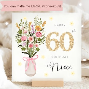 Carte d'anniversaire florale des 60 ans de la nièce, carte florale des 60 ans, nièce aura 60 ans, carte vase de fleurs nièce, carte de 60 ans nièce, soixantième nièce