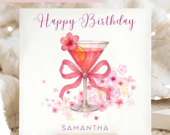 Pink Cocktail Flower Birthday Card, Personalised Female Birthday Card, Floral Birthday Card, For Her Birthday, Mum, Nan, Sister Birthday