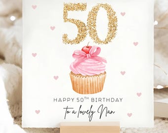 Nan 50th Birthday Cupcake Card, Special Nanny Fifty Card, Nan Fiftieth Birthday, Personalised 50th Card, Gift For Grandma 50th, Lovely Nana