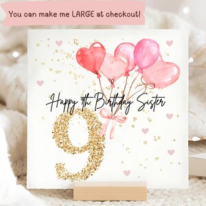 9ème carte d'anniversaire ballon rose soeur, carte d'anniversaire personnalisée soeur 9, neuvième carte soeur rose, cadeau soeur a neuf ans, anniversaire soeur