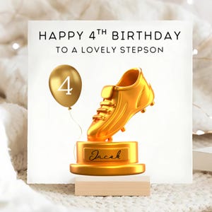 4e carte d'anniversaire de football Soulier d'or de beau-fils, carte personnalisée de beau-fils de 4 ans, beau-fils fête ses quatre ans, cadeau de football 4e anniversaire