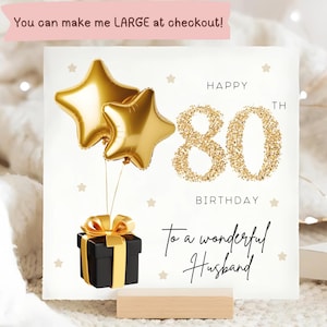 Tarjeta de cumpleaños número 80 para mi esposo en negro y dorado, tarjeta de cumpleaños número ochenta para mi esposo, cumpleaños número ochenta para mi esposo, globo de aluminio dorado para mi esposo.