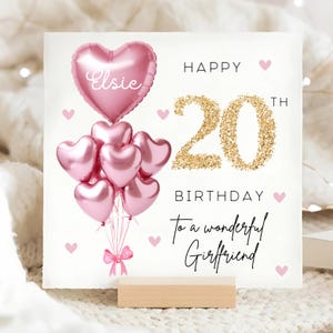 Carte personnalisée 20e anniversaire de petite amie, carte ballon en or rose, petite amie a 20 ans, cadeau 20e anniversaire, carte 20e anniversaire petite amie