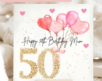 Mum 50th Birthday Personalised Card, Mum is 50, Fifty Birthday