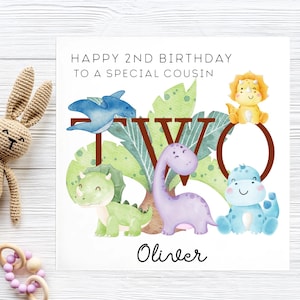 Cousin 2nd Dinosaur Birthday Card, Personalised Cousin Dino Card, Cousin Second Birthday Card, Cousin Turns Two Jurassic, Lovely Cousin