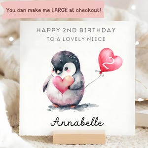 Carte personnalisée 2e anniversaire de pingouin nièce, deuxième carte d'anniversaire de nièce, carte de 2 ans de nièce, beau bébé nièce, nièce de 2 ans