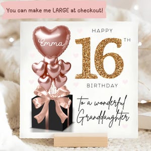 Carte personnalisée de 16e anniversaire de petite-fille, carte de ballon noir en or rose, petite-fille a 16 ans, cadeau de seizième anniversaire, petite-fille de 16 ans