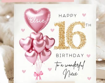Niece 16th Birthday Personalised Card, Pink Gold Balloon Card, Niece is 16, Sixteenth Birthday Gift, Niece 16th Birthday