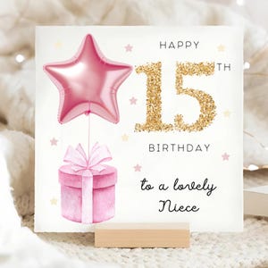 Carte de 15 ans nièce, carte ballon rose étoile, nièce a 15 ans, carte de quinzième anniversaire nièce, carte de 15 ans nièce, fille nièce