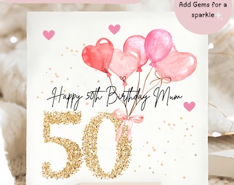 Mum 50th Birthday Personalised Card, Mum Is 50, Fifty Birthday, Mother Fiftieth Birthday Card, Turning 50, Pink Heart Birthday Card