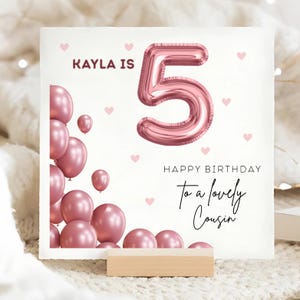 Cousin 5th Brown Pink Balloons Birthday Card, Personalised Cousin 5 Birthday, Cousin Fifth Birthday Card, Cousin Turns Five Balloon Card