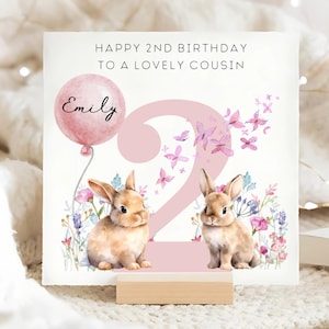 Carte personnalisée 2e anniversaire de cousin, carte 2e anniversaire lapin et papillon, cousin personnalisé fête ses deux ans, cousin de 2 ans