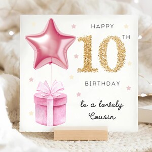 Carte 10e anniversaire cousin, carte ballon étoile feuille rose, cousine a 10 ans, carte d'anniversaire cousine dixième, cousine a dix ans, 10e ballon fille