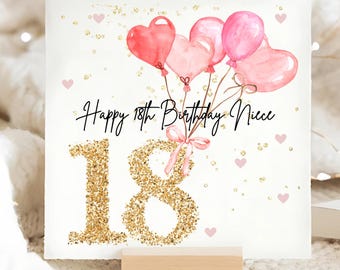 Tarjeta de cumpleaños para sobrina número 18 con globo rosa, tarjeta personalizada para sobrina, sobrina número 18, regalo para sobrina número 18, tarjeta encantadora para sobrina
