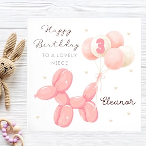 Niece 3rd Birthday Balloon Dog Card, Personalised 3rd Niece Card, Lovely Niece Gift, Niece Girl Third Card, Niece Is 3 Years Old