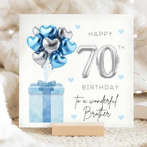 Frère 70e carte ballon bleu argenté, merveilleux frère a soixante-dix ans, pour son anniversaire, carte d'anniversaire frère ballon aluminium, frère soixante-dix
