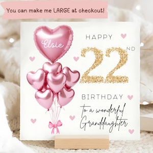 Carte personnalisée d'anniversaire de petite-fille de 22 ans, carte de ballon en or rose, petite-fille de 22 ans, cadeau de vingt-deuxième anniversaire, petite-fille de 22 ans