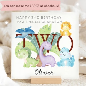 Grandson 2nd Dinosaur Birthday Card, Personalised Grandson Dino Card, Grandson Second Birthday Card, Grandson Turns Two Jurassic