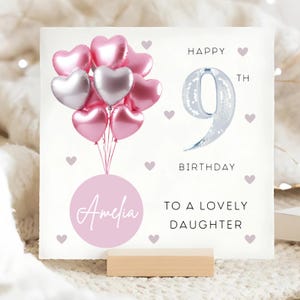 Carte personnalisée de 9e anniversaire de fille, carte ballon rose argenté, fille a 9 ans, cadeau de neuvième anniversaire, fille a neuf ans